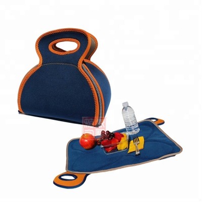 Transformable Neoprene Lunch Mat Into Lunch Bag Tote Insulated with Carrying Handle